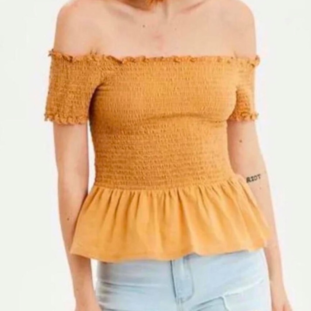 AMERICAN EAGLE brown shirred off the shoulder top nwt